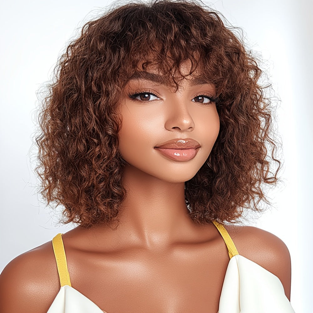 12-Inch Water Wave Bob Human Hair Wig with Bangs, 150% Density and TT1B/33 or P1B/30 Color