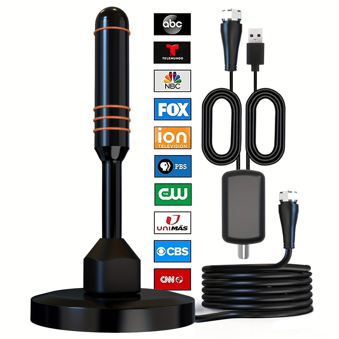 TV Antenna with 5.12-Inch Vertical Receiver, Separate Signal Amplifier, Coaxial Lead and Round Base