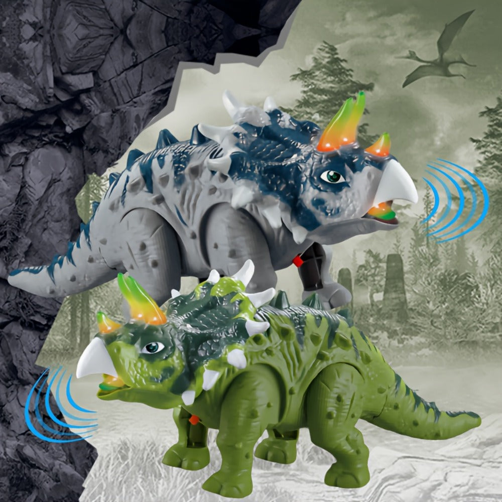 Walking Triceratops Dinosaur Toy with Roaring Sound, LED Lights and Green, Gray or Two-Piece Options