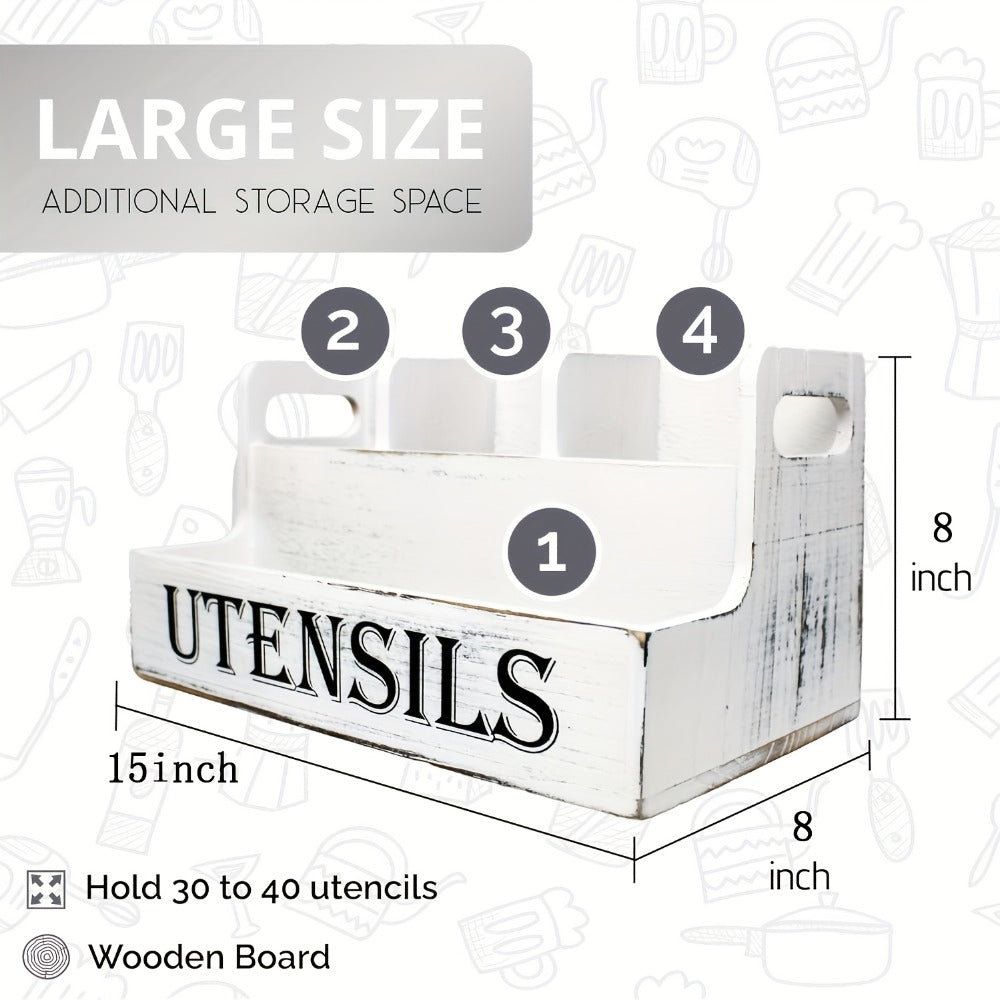 Utensil Holder Kitchen Organizer with Four Wood Compartments, Countertop Shelf and White or Black Finish