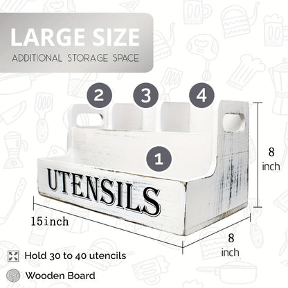 Utensil Holder Kitchen Organizer with Four Wood Compartments, Countertop Shelf and White or Black Finish