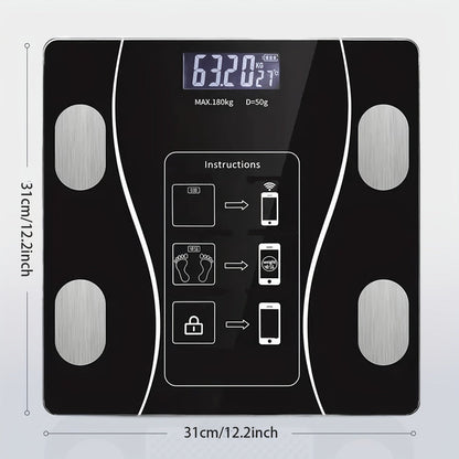 Black Glass Digital Bathroom Scale with Four Electrode Pads, Blue Display and Four Style Options