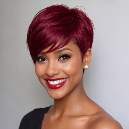 Synthetic Wig 6-Inch Glueless Layered Pixie Bob in Burgundy or Olive Brown for Daily Looks