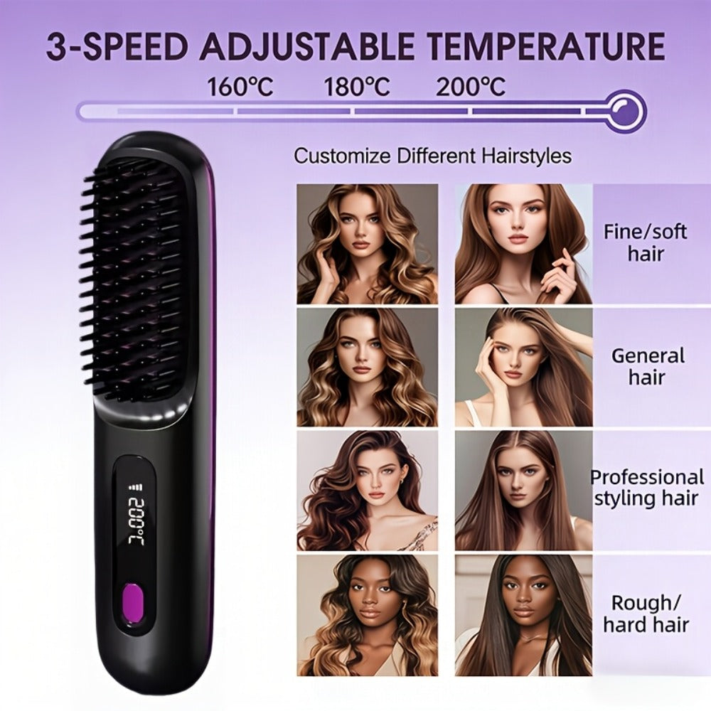 Cordless Straightening Brush Hair Styling Tool with Rechargeable Power and Black or White Finish