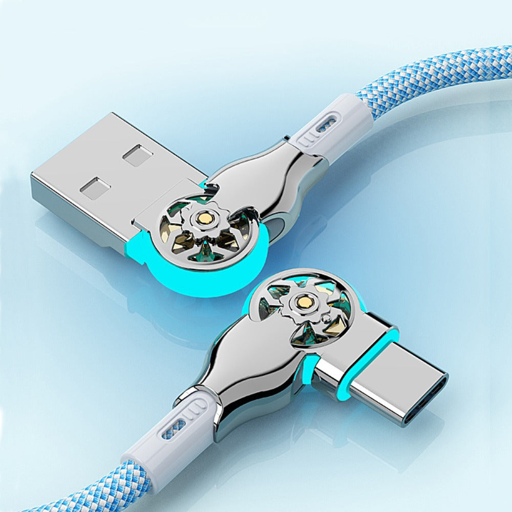 Double-Elbow USB-C to USB-C Cable with Rotating Right-Angle Connectors, Blue LED Accents and 2 m Length