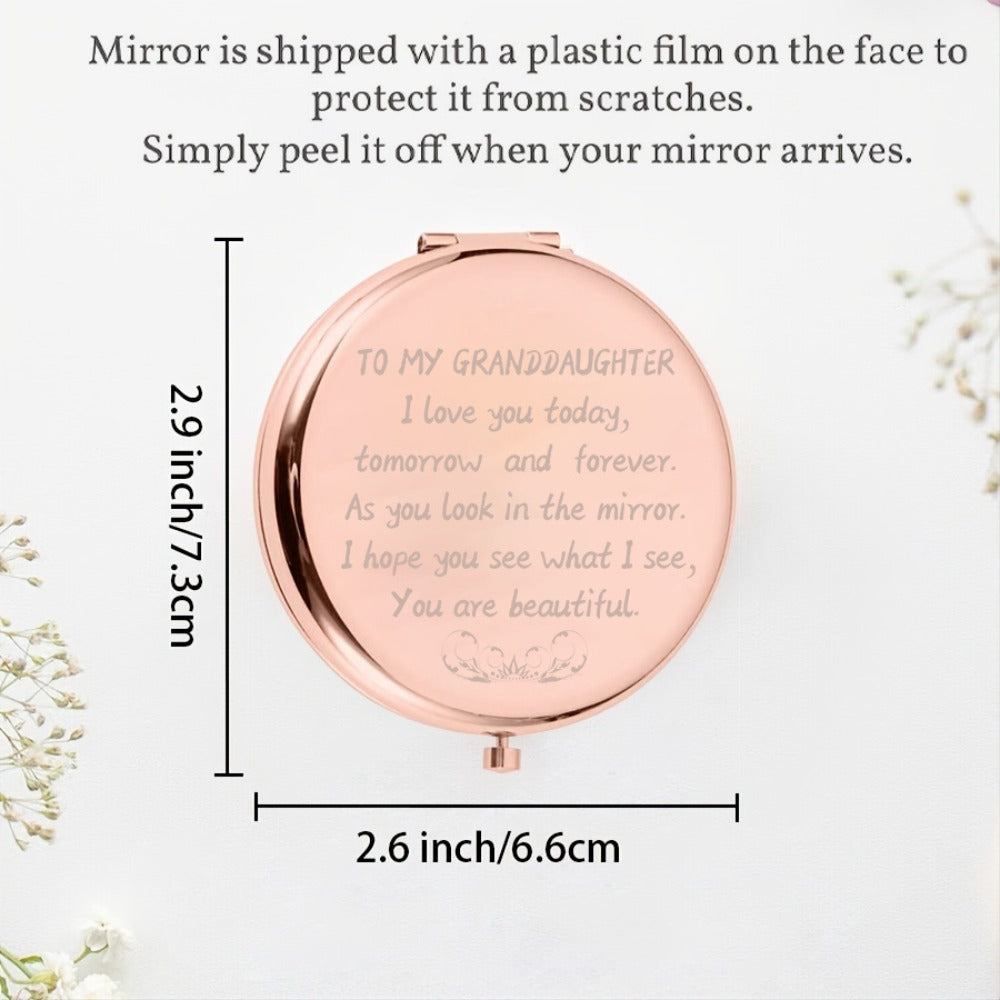 Rose-Gold Granddaughter Compact Mirror with Regular and Magnifying Views, Engraved Message and 2.9 x 2.6-Inch Case