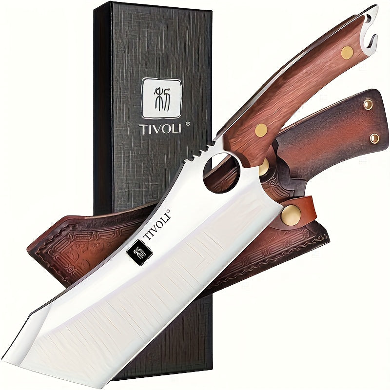 Full-Tang Meat Cleaver with High-Carbon Steel Blade, Wood-Look Handle, Brown Sheath and Presentation Box