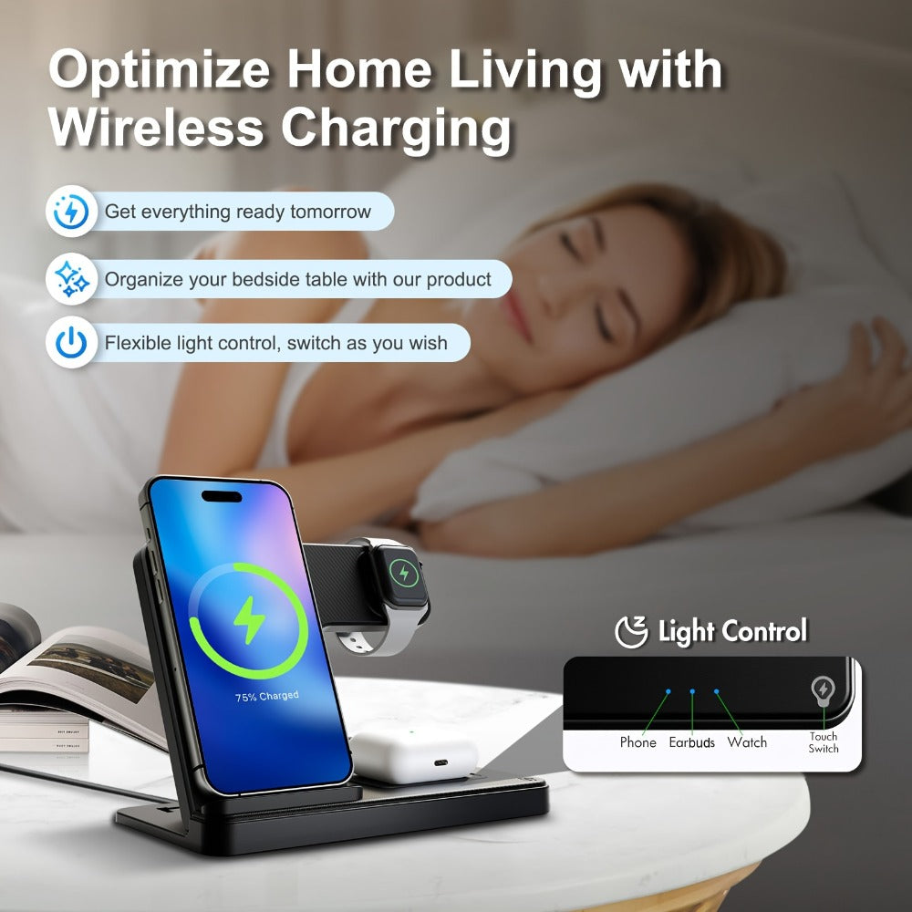 Wireless Charging Station, Foldable 3-in-1 15W Portrait-Landscape Stand with Four Black or White Adapter Options
