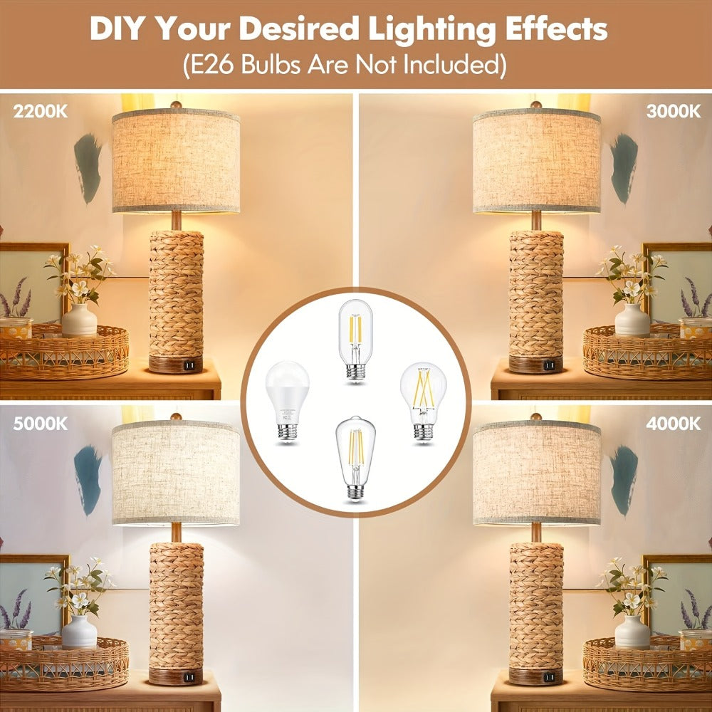 Table Lamp Set of Two with 27-Inch Woven Seagrass Bases, Linen Shades, Dual USB Ports and E26 Sockets