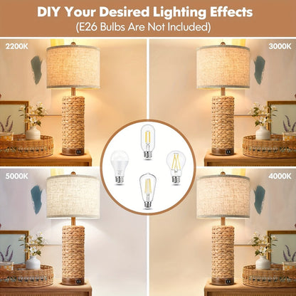 Table Lamp Set of Two with 27-Inch Woven Seagrass Bases, Linen Shades, Dual USB Ports and E26 Sockets