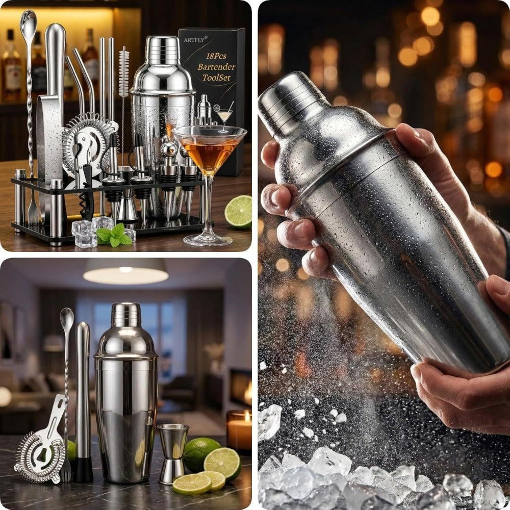 Bartender Kit 18-Piece with Acrylic Stand, 18/8 Stainless Steel Bar Set, Martini Shaker, Jigger, Muddler & Recipe Book