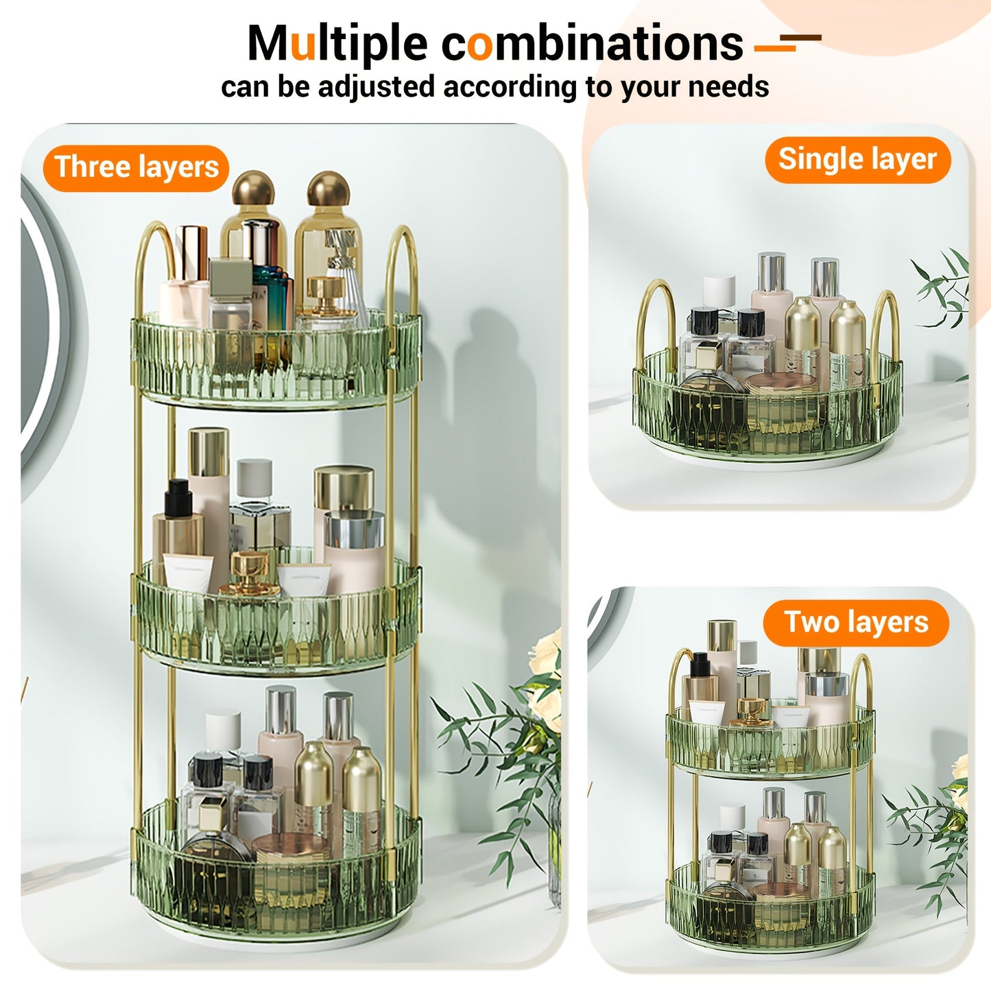 Rotating Multi-Level Makeup Organizer with Detachable Trays and 12 Exact Color-and-Layer Options