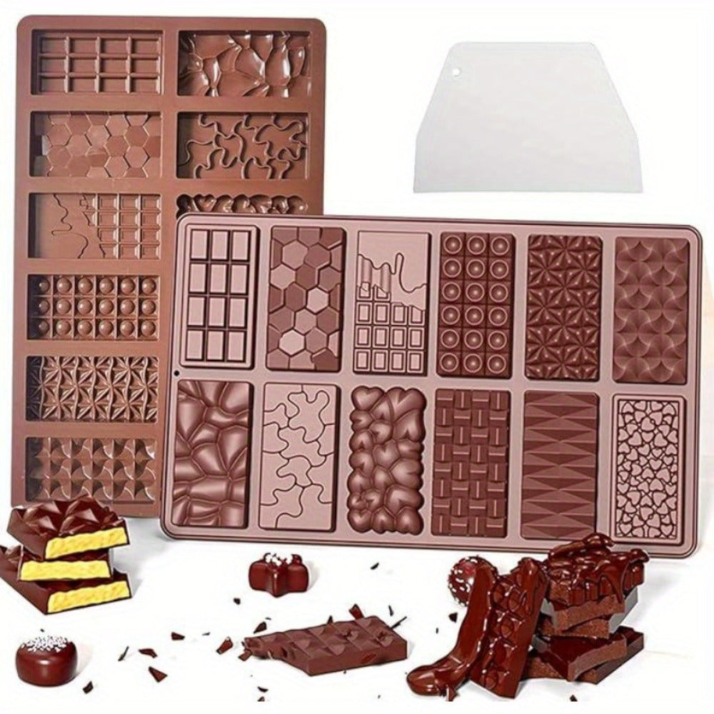 Three-Pack 12-Cavity Silicone Chocolate Bar Mold Set with Scraper for Candy, Wax Melts and Soap