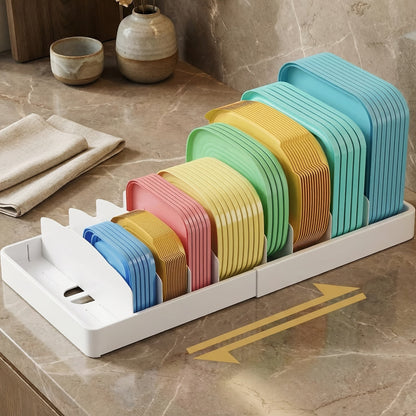 Container Lid Kitchen Organizer with Eight Inserts, 21 Compartments and Expandable 13-24.3-Inch Base