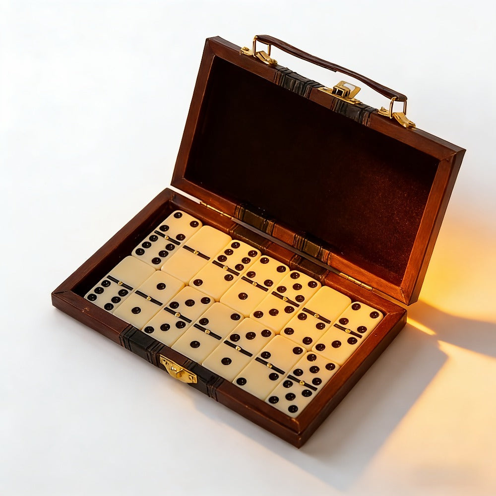 Double-Six Domino Set with 28 Ivory-Style Tiles, Metal Spinners and Brown Storage Case in One or Two Packs