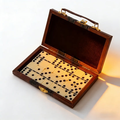 Double-Six Domino Set with 28 Ivory-Style Tiles, Metal Spinners and Brown Storage Case in One or Two Packs