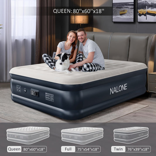 Air Mattress with Built-In Pump – 18'' Self-Inflating Portable Air Bed for Home, Camping & Travel, Twin Full Queen, Includes Carry Bag