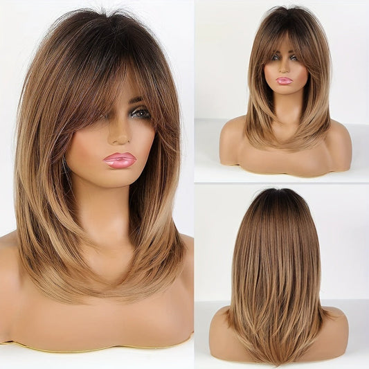 Wig Long Straight Layered Style in Dark Brown, 18-Inch Synthetic Fiber with Bangs and Rose Net Cap