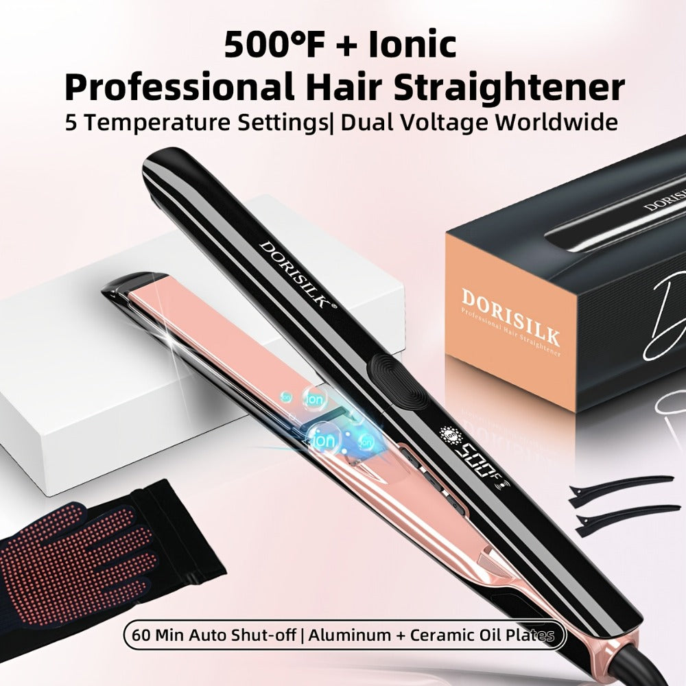 Plasma Ionic Hair Straightener Flat Iron 500°F with PTC Ceramic Oil Plates, LCD Display & 60-Min Auto Off — Frizz Control Professional Flat Iron for All Hair Types, 1" & 1.77" Plates