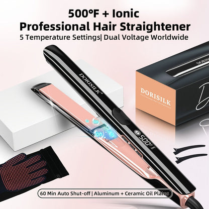 Plasma Ionic Hair Straightener Flat Iron 500°F with PTC Ceramic Oil Plates, LCD Display & 60-Min Auto Off — Frizz Control Professional Flat Iron for All Hair Types, 1" & 1.77" Plates