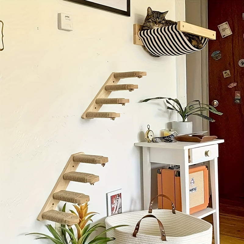 Four-Step Wall-Mounted Cat Ladder with 45.5cm Wood Frame, Rope-Covered Treads and Fastener Points