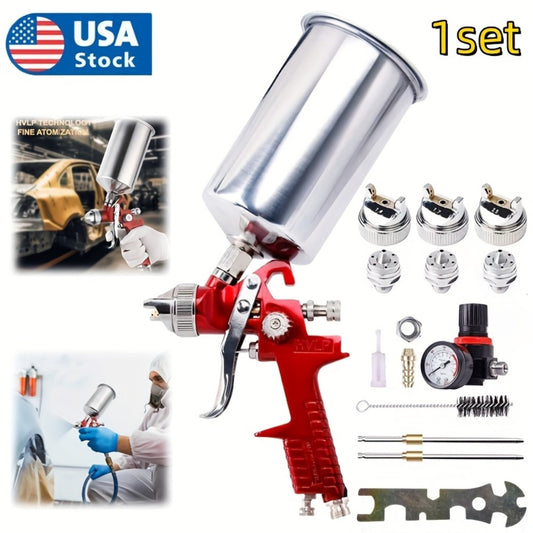 HVLP Gravity Feed Spray Gun Set – 3 Nozzles (1.4 / 1.7 / 2.0mm) with 1000cc Aluminum Cup for Automotive Painting, Base Coat, Clear Coat & Touch-Up, Stainless Steel Needle, Red