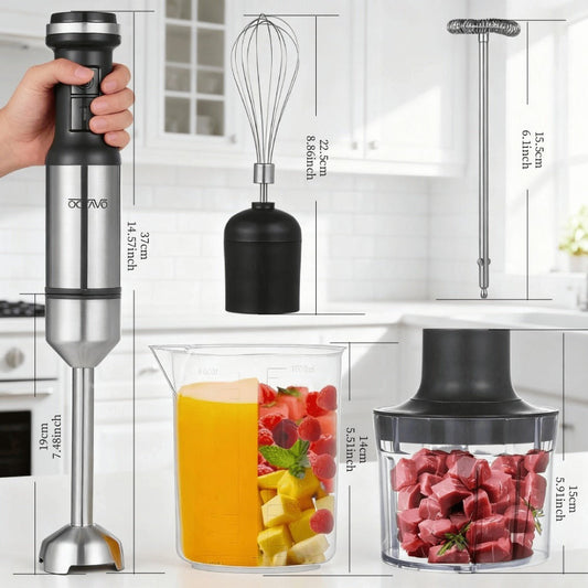 800W Immersion Hand Blender 5-in-1 Set – Stainless Steel Stick Mixer with Whisk, Frother, 1000ml Cup & 450ml Food Chopper for Smoothies, Soup & More