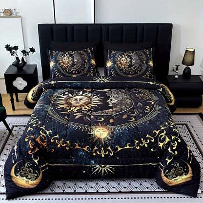 Sun Moon Planet Comforter Set 3pcs Digital Print Quilted Bedding 1 Comforter 2 Pillowcases 180GSM Soft Breathable Black Celestial Bedroom Decor Twin Full Queen King Size Dormitory