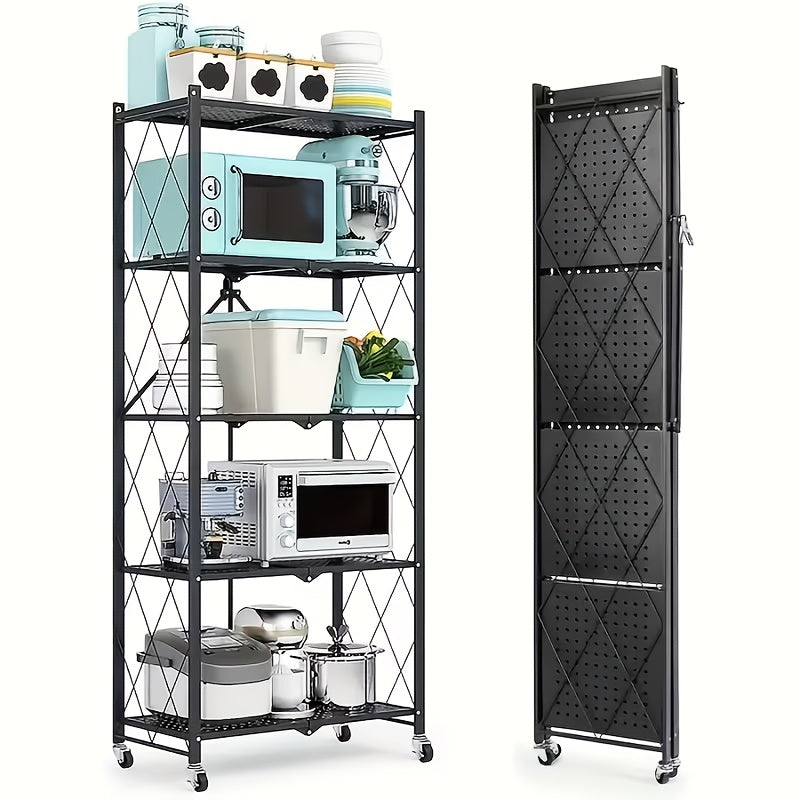 Three-to-Five-Tier Folding Storage Rack with Metal Shelves, Caster Wheels and Black or White Finish