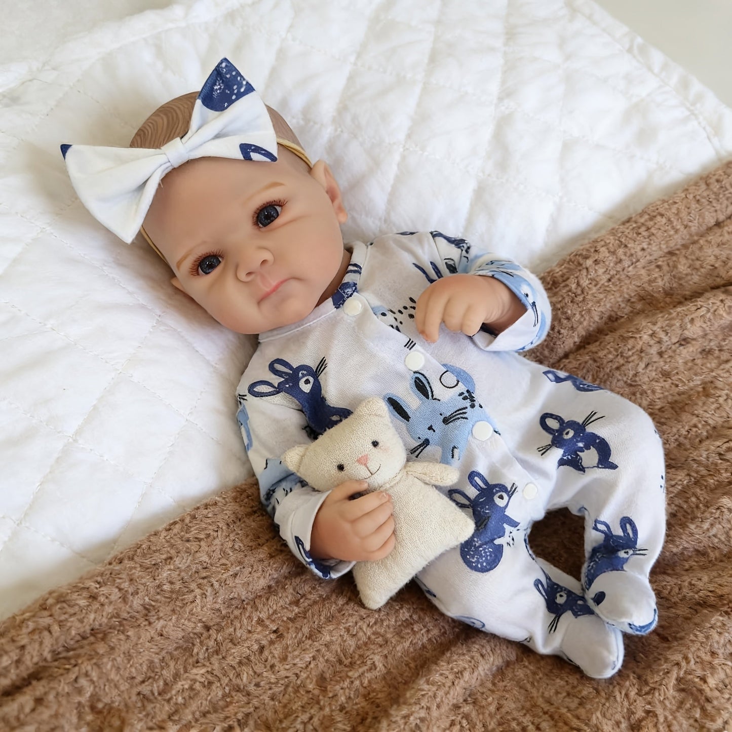 18-Inch Baby Doll in Blue-Print Outfit with Sleeping or Open-Eye Face Options and No Bottle or Pacifier