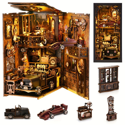 Car Players Book Nook Kit with 145-Piece Vintage Garage Scene, Warm Light and Clear Front Cover