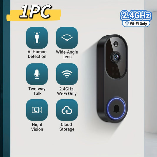 960P Smart Video Doorbell 2.4G 5G Dual-Band WiFi – Color Night Vision, AI Vehicle & Person Detection, Two-Way Voice, 3:4 Full View Screen, Wireless No Wiring, Real-Time App Viewing, Black