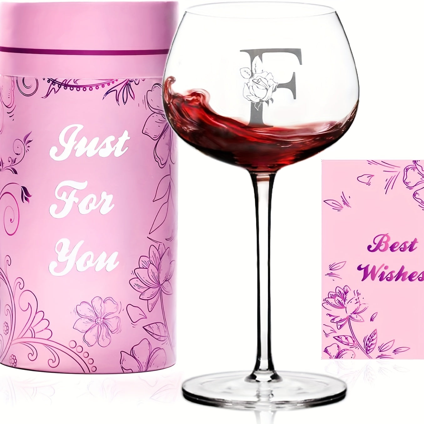Initial Wine Glass Gift Set with 18 Checkout Letters, 14-Ounce Bowl, Presentation Box and Card
