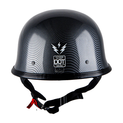 German Style Motorcycle Half Face Helmet – Novelty Skull & Carbon Fiber Design, UV Glossy Finish, Removable Washable Padding, Quick Release Buckle, Adult M/L/XL