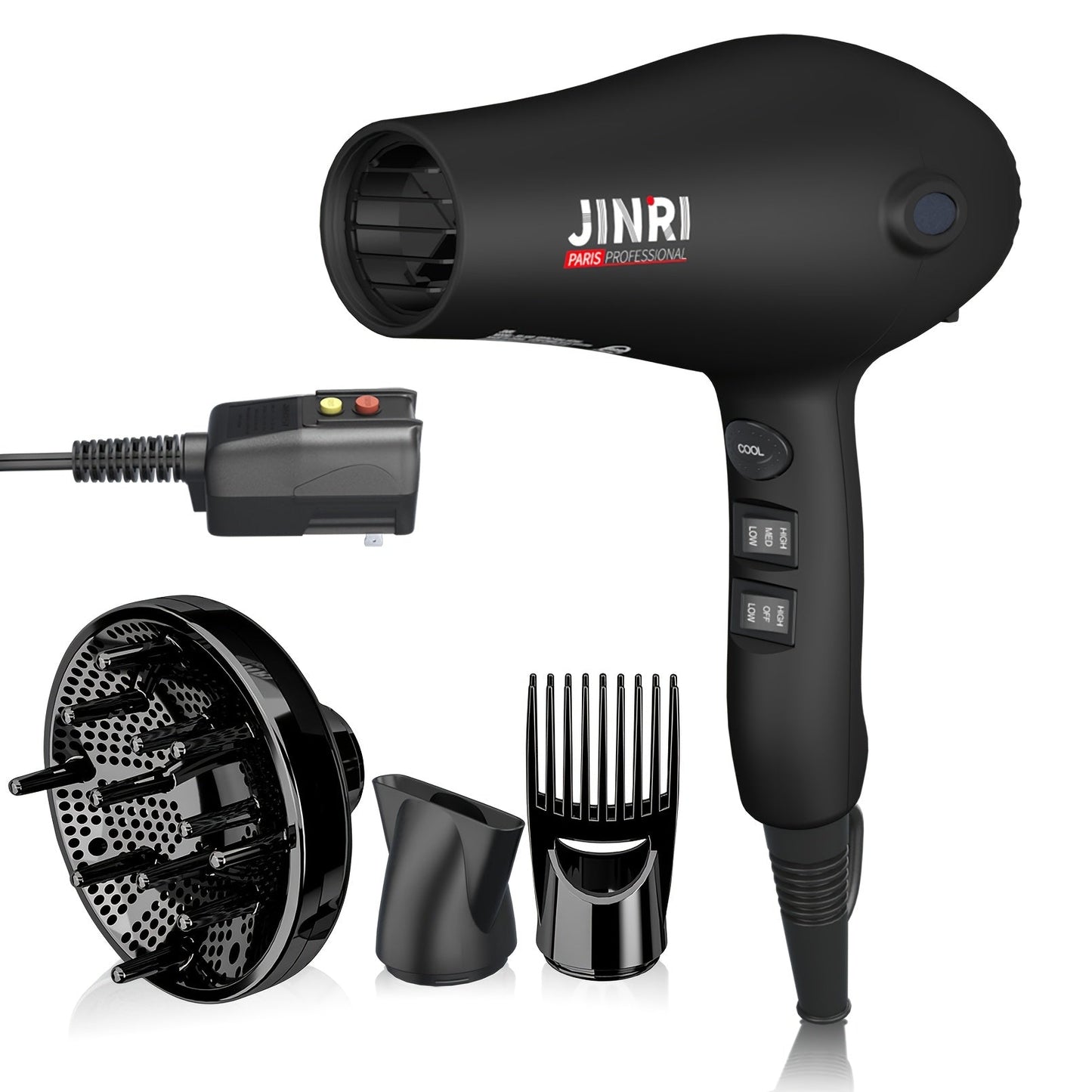 JINRI 1875W Hair Dryer with Three Heat Settings, Two Speeds and One- or Three-Accessory Package Options