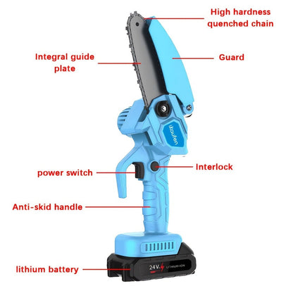 4-Inch Mini Cordless Chainsaw Kit in Yellow, Black or Blue with Two Batteries, Three Chains and Carry Case