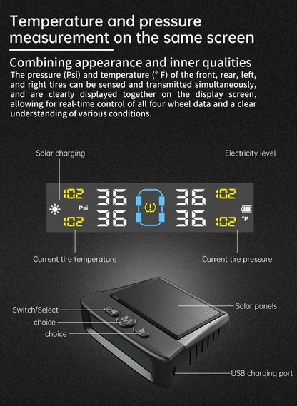 TPMS Tire Pressure Monitoring System – Wireless Solar & USB Powered, External Sensors, Universal Fit for 36V & Below Vehicles, Model T12