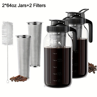 Cold Brew Coffee Pot Set with Stainless Steel Filters & Cleaning Brush - 32oz Glass Mason Jar Cold Brew Maker for Home, Kitchen & Restaurant, Multi-Serve Cold Brew Pitcher Set for Family & Entertaining