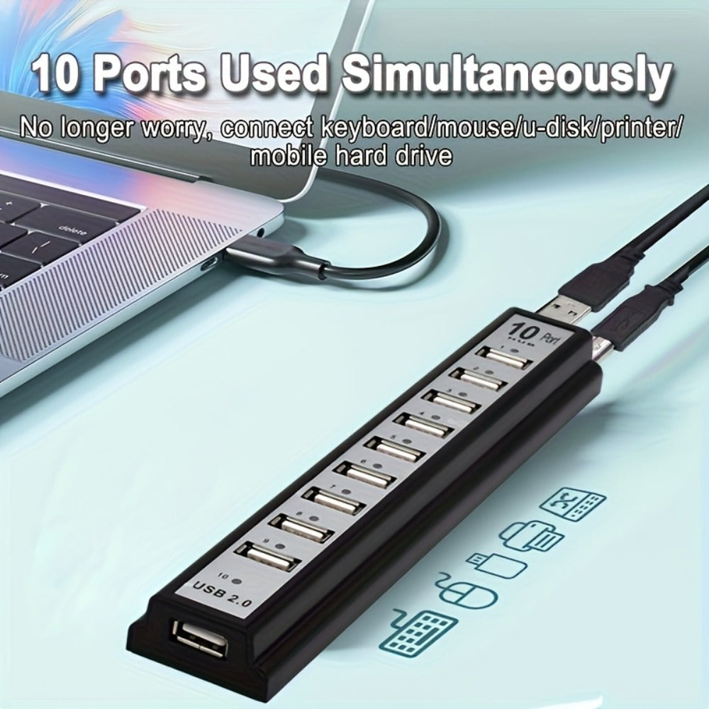 Black 10-Port USB 2.0 Hub with USB-A Host Cable, Numbered Ports and DC Power Input for Desktop Expansion