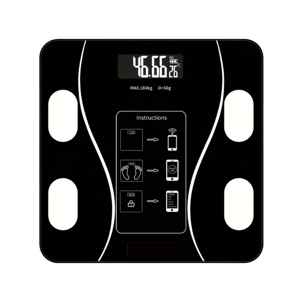 Black Glass Digital Bathroom Scale with Four Electrode Pads, Blue Display and Four Style Options