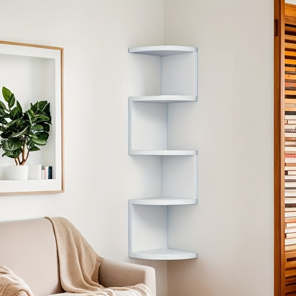 Wall-Mounted Alternating Corner Shelf in White Five-Tier or White and Black Three-Tier Options