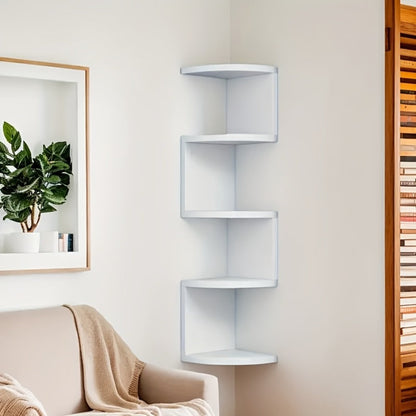 Wall-Mounted Alternating Corner Shelf in White Five-Tier or White and Black Three-Tier Options