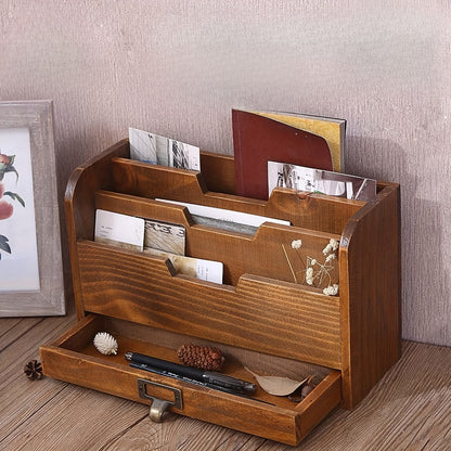 Wooden Desktop File and Letter Organizer with Tiered Compartments, Lower Drawer and 29.5 cm Wide Body
