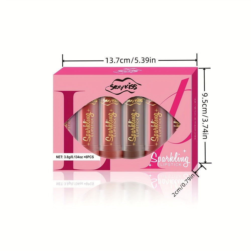 Lipstick Set, Sexy Kiss 6-Piece Sparkling Shimmer Bullet Collection in a Pink Presentation Box