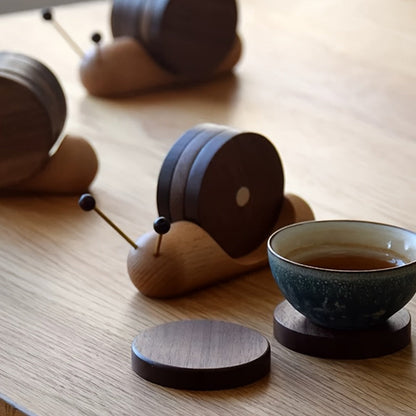 Snail-Shaped Wooden Desk Coaster with Round Walnut-Look Pad and Natural Wood Holder, One-Piece Option