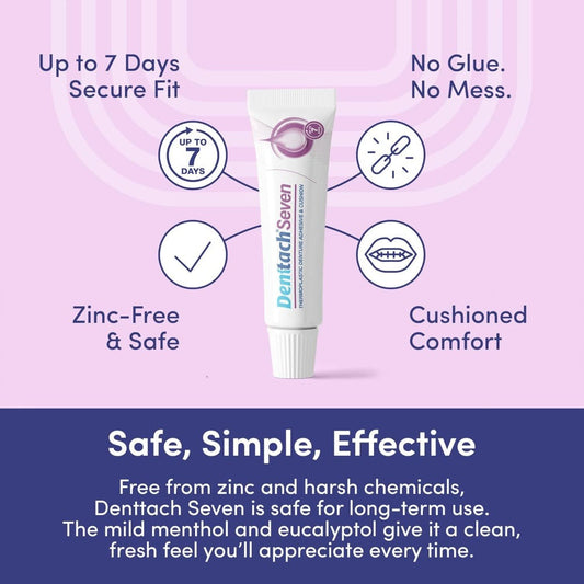 Denttach 7-Day Hold Denture Adhesive Thermoplastic Cushion Reliner Zinc-Free No-Glue Secure Grip for Upper Lower Dentures All-Day Comfort 2 Pack 0.71oz Each