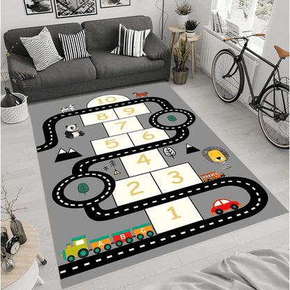 Area Rug 4x6 Kids Race Track, Hopscotch and Train Play Design with Washable Digital Print Surface