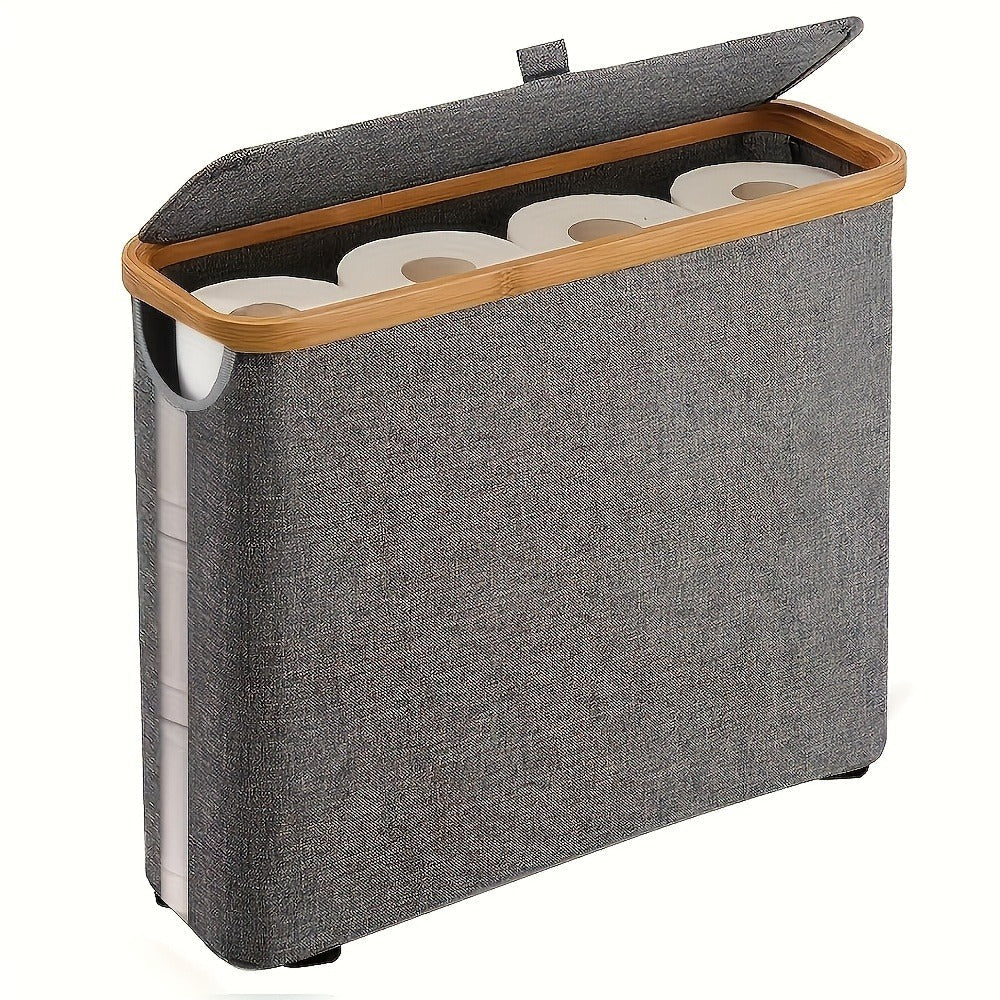 Enclosed Freestanding Toilet Paper Storage Bin with Fabric Sides, Bamboo-Look Rim and Fitted Lid in White