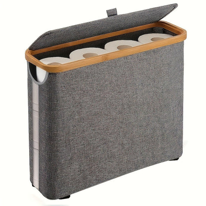 Enclosed Freestanding Toilet Paper Storage Bin with Fabric Sides, Bamboo-Look Rim and Fitted Lid in White