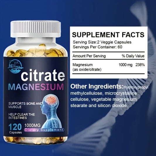 Magnesium Citrate Capsules 1000mg 120 Count — High Absorption Formula for Sleep Relaxation Muscle Health & Natural Energy Support for Women and Men | 60-Day Supply